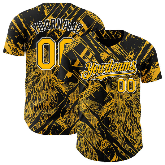 Custom Black Gold-White 3D Pattern Design Animal Eagle Authentic Baseball Jersey - Main View