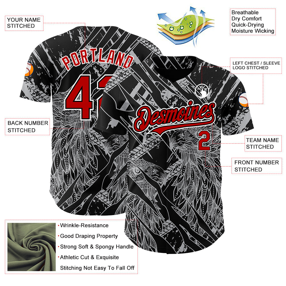 Custom Black Red-White 3D Pattern Design Animal Eagle Authentic Baseball Jersey view 3