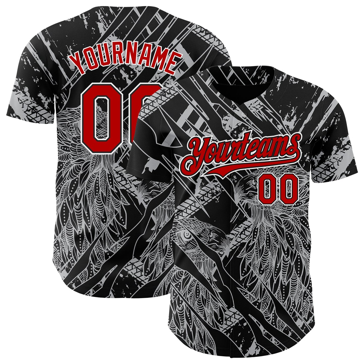 Custom Black Red-White 3D Pattern Design Animal Eagle Authentic Baseball Jersey - Main View