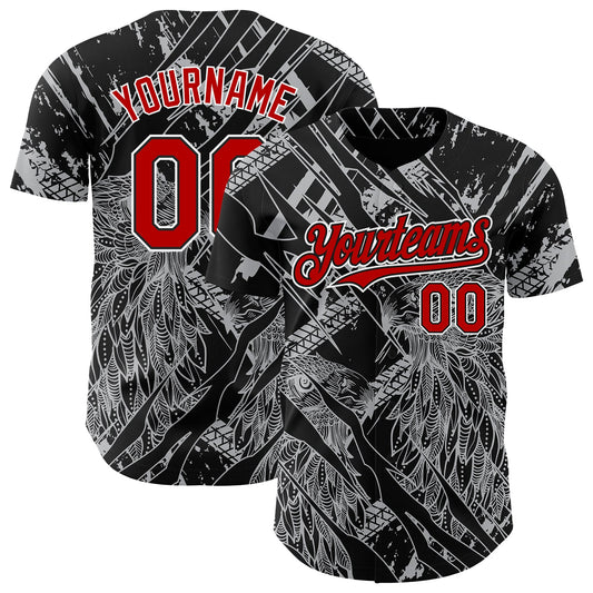 Custom Black Red-White 3D Pattern Design Animal Eagle Authentic Baseball Jersey - Main View