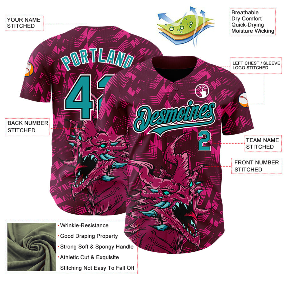 Custom Crimson Teal-Black 3D Pattern Design Animal Dragon Authentic Baseball Jersey view 3