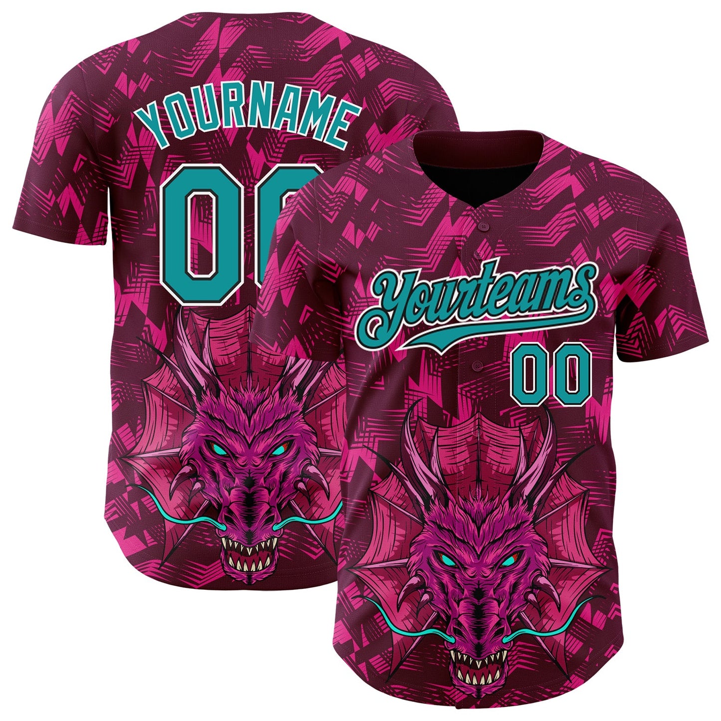 Custom Crimson Teal-Black 3D Pattern Design Animal Dragon Authentic Baseball Jersey - Main View