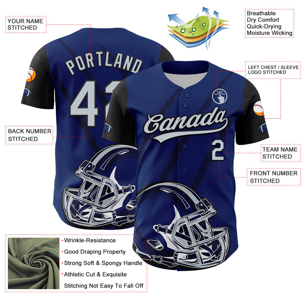 Custom US Navy Blue Silver-Black 3D Pattern Design Football Helmet And Animal Claw Authentic Baseball Jersey view 3