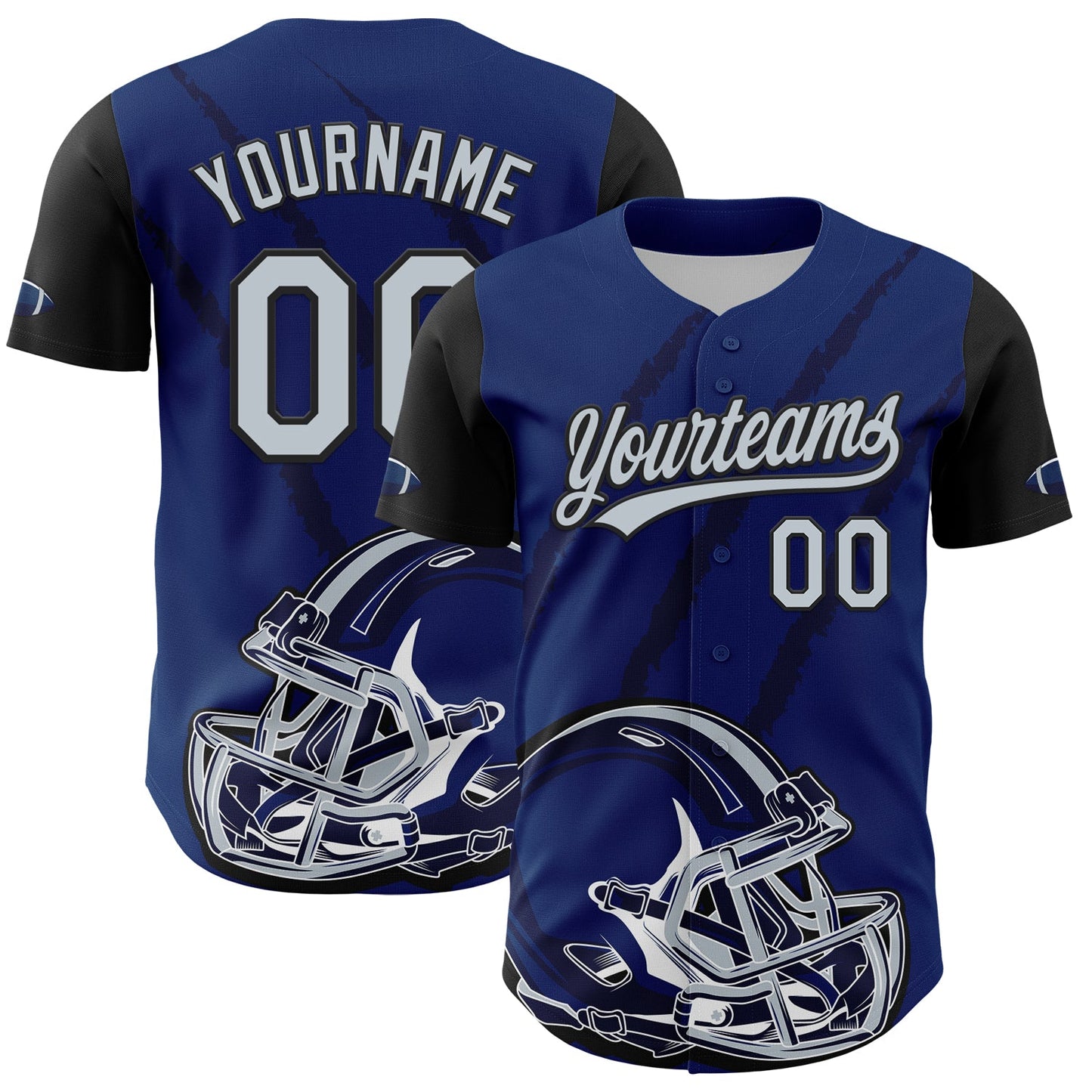 Custom US Navy Blue Silver-Black 3D Pattern Design Football Helmet And Animal Claw Authentic Baseball Jersey - Main View