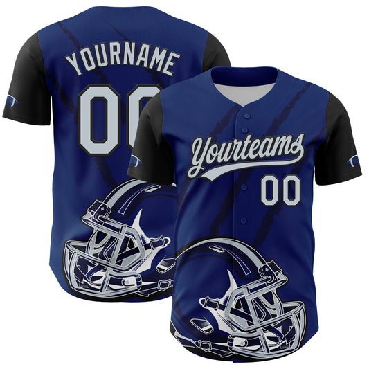Custom US Navy Blue Silver-Black 3D Pattern Design Football Helmet And Animal Claw Authentic Baseball Jersey - Main View