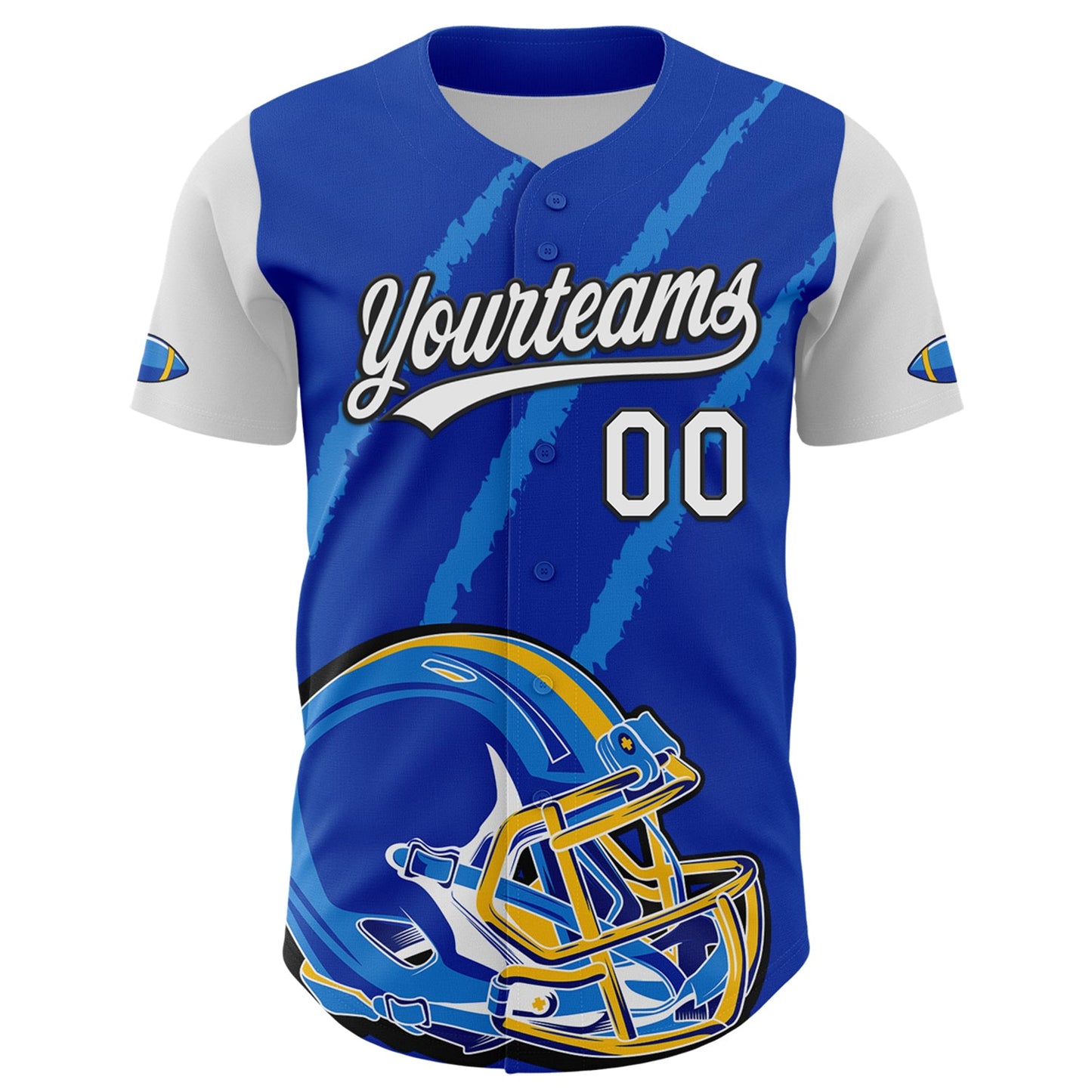 Custom Thunder Blue White-Black 3D Pattern Design Football Helmet And Animal Claw Authentic Baseball Jersey view 2