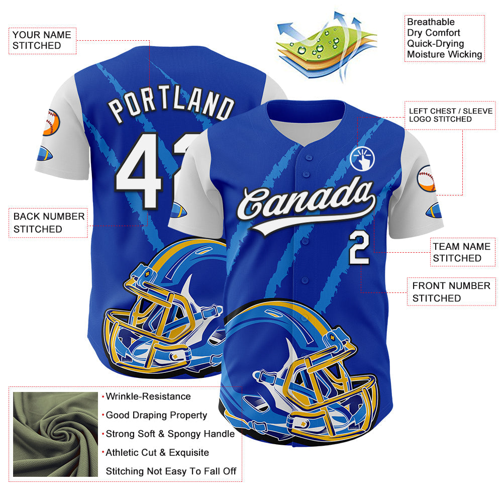 Custom Thunder Blue White-Black 3D Pattern Design Football Helmet And Animal Claw Authentic Baseball Jersey view 3
