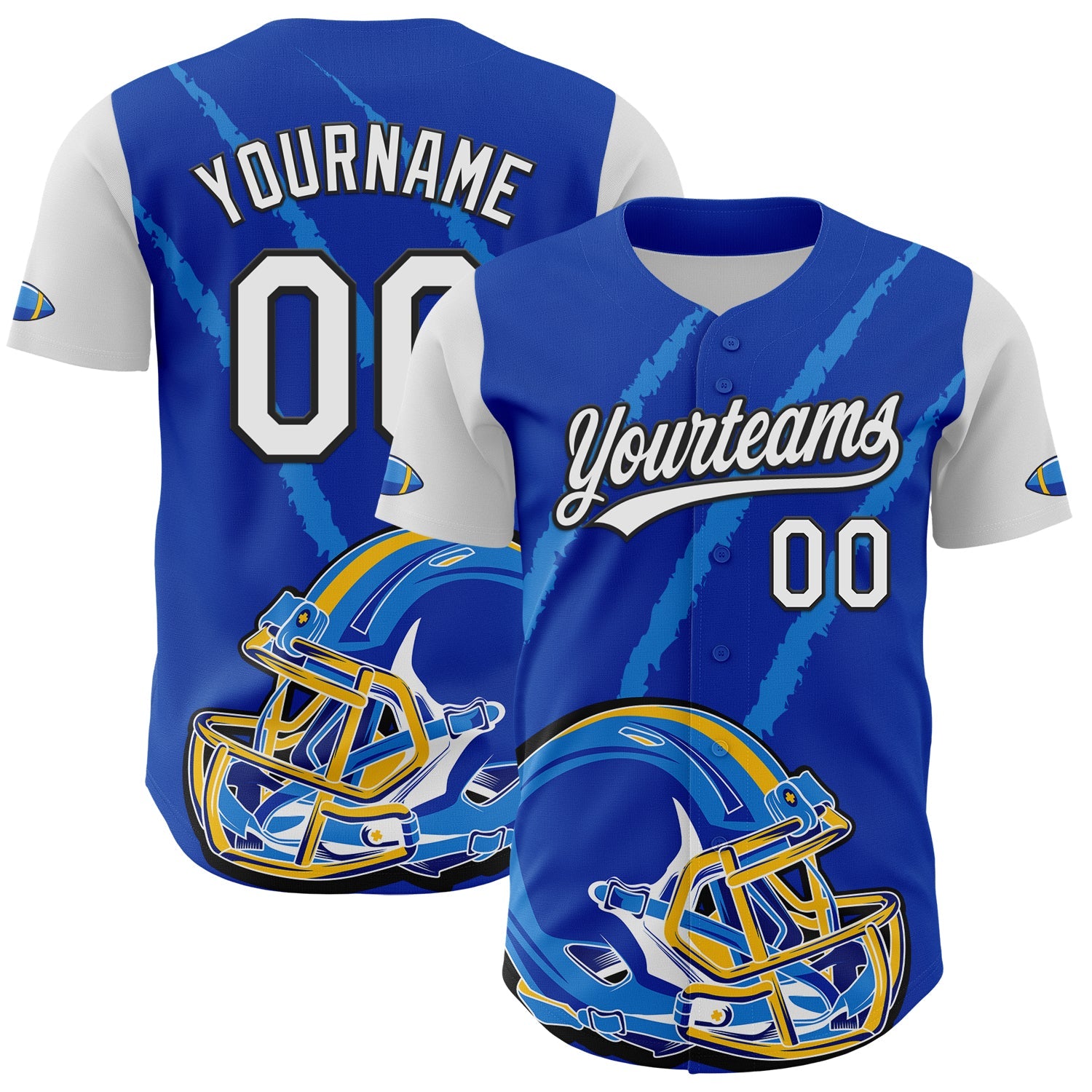 Custom Thunder Blue White-Black 3D Pattern Design Football Helmet And Animal Claw Authentic Baseball Jersey - Main View