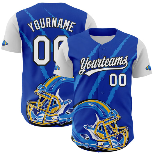 Custom Thunder Blue White-Black 3D Pattern Design Football Helmet And Animal Claw Authentic Baseball Jersey - Main View