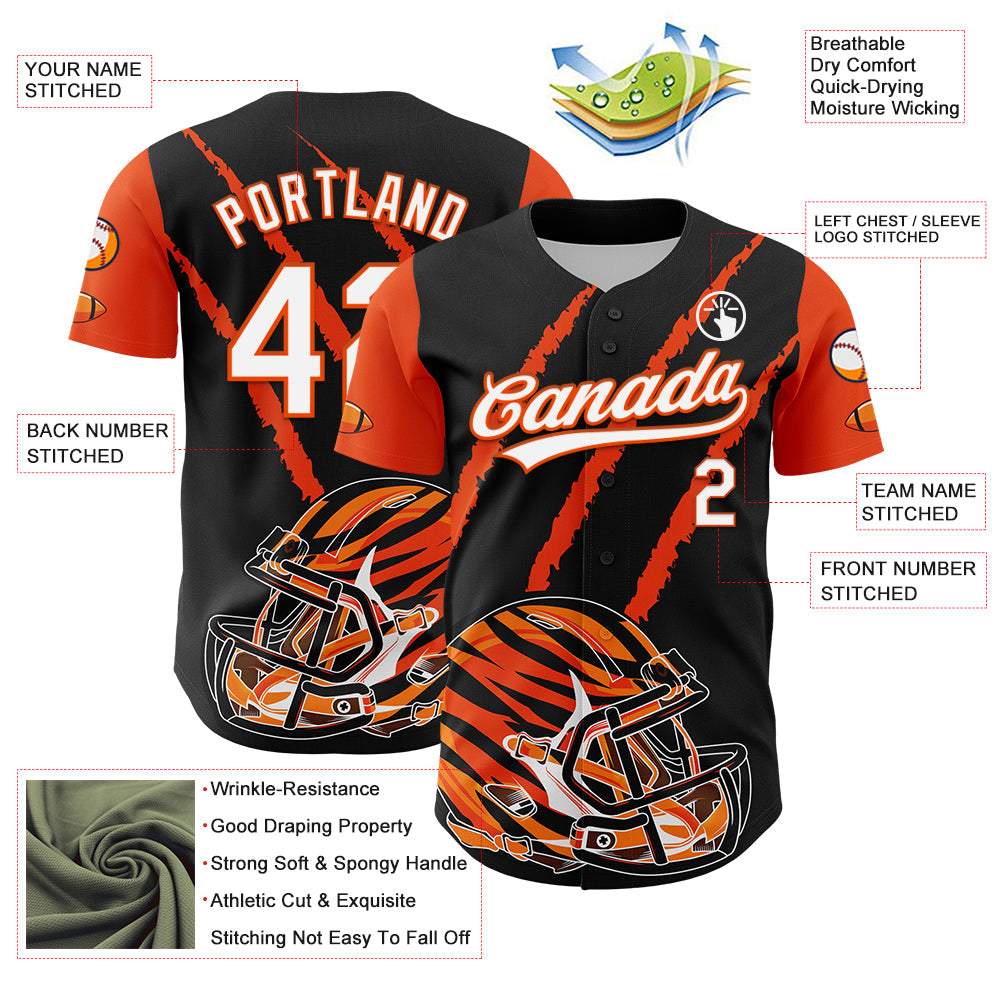 Custom Black White-Orange 3D Pattern Design Football Helmet And Animal Claw Authentic Baseball Jersey view 3