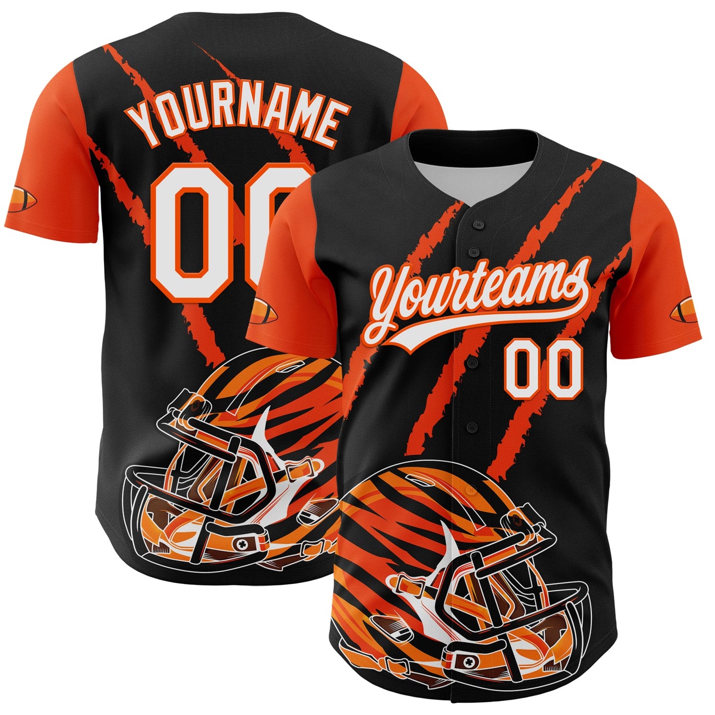 Custom Black White-Orange 3D Pattern Design Football Helmet And Animal Claw Authentic Baseball Jersey - Main View