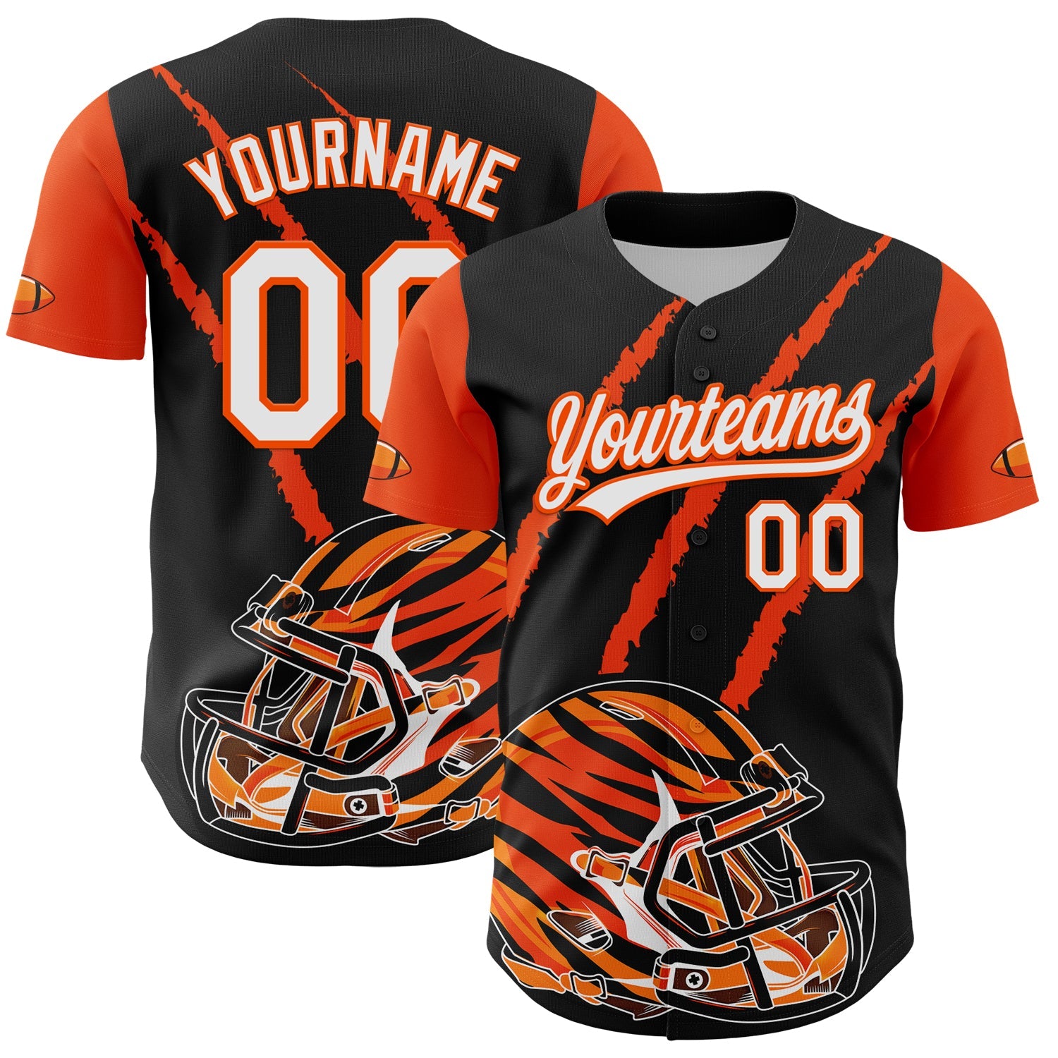 Custom Black White-Orange 3D Pattern Design Football Helmet And Animal Claw Authentic Baseball Jersey - Main View