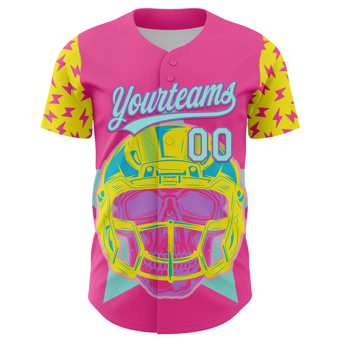 Custom Pink Ice Blue Medium Purple-Light Yellow 3D Pattern Design Football Skull Helmet Authentic Baseball Jersey view 2
