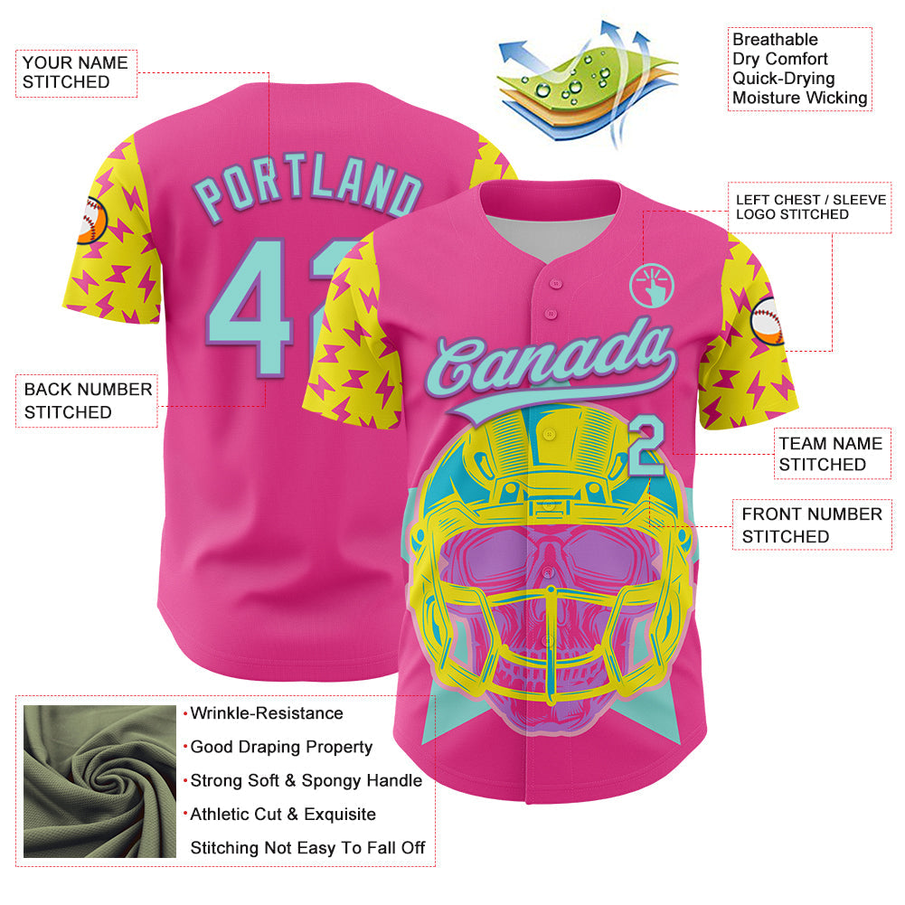 Custom Pink Ice Blue Medium Purple-Light Yellow 3D Pattern Design Football Skull Helmet Authentic Baseball Jersey view 3