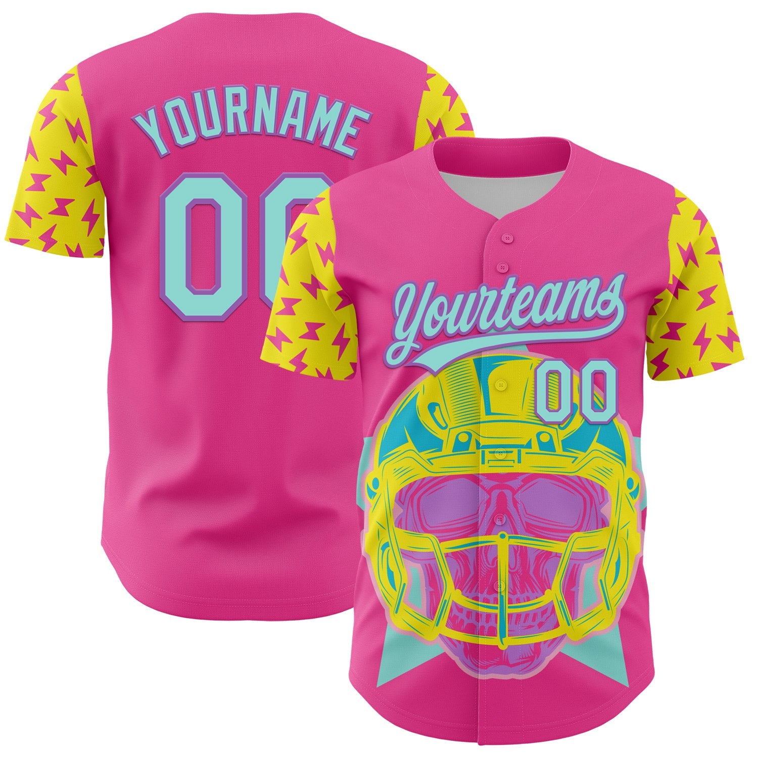 Custom Pink Ice Blue Medium Purple-Light Yellow 3D Pattern Design Football Skull Helmet Authentic Baseball Jersey - Main View