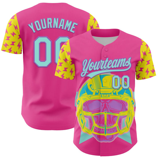 Custom Pink Ice Blue Medium Purple-Light Yellow 3D Pattern Design Football Skull Helmet Authentic Baseball Jersey - Main View