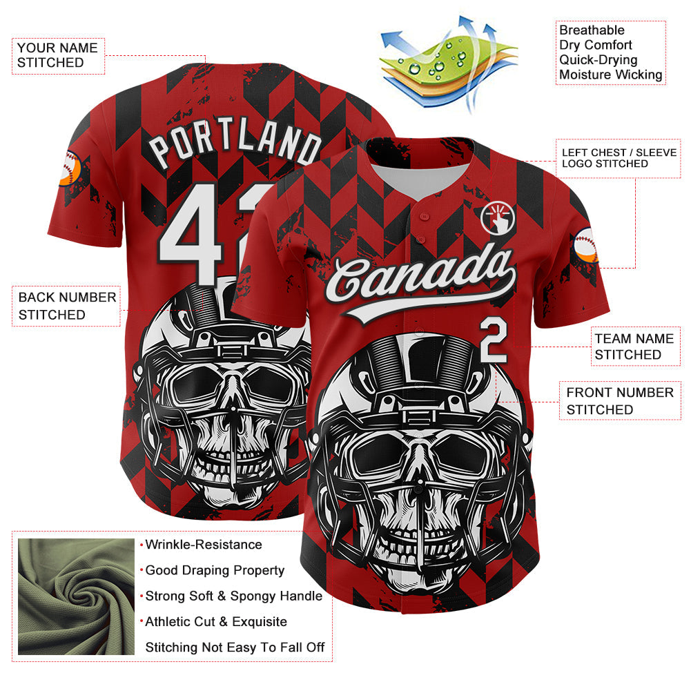 Custom Red White-Black 3D Pattern Design Football Skull Helmet Authentic Baseball Jersey view 3