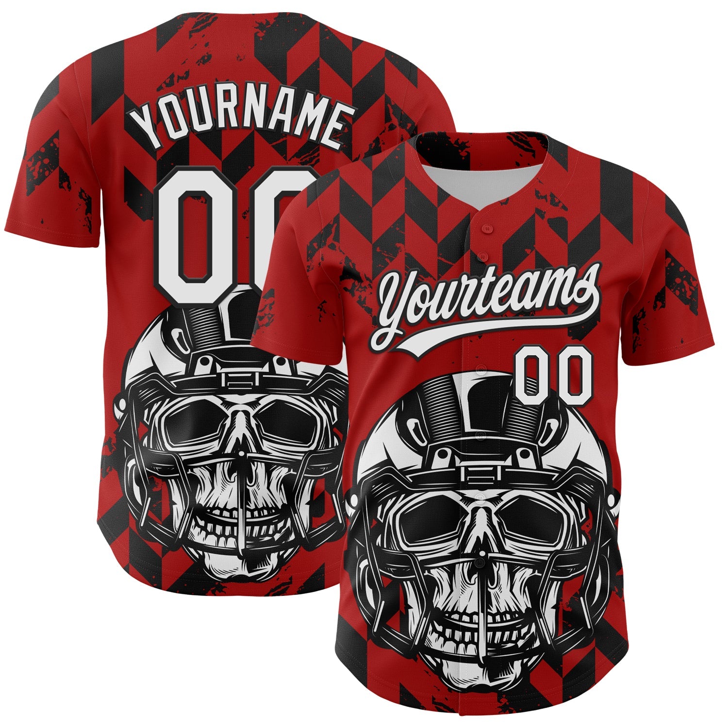 Custom Red White-Black 3D Pattern Design Football Skull Helmet Authentic Baseball Jersey - Main View