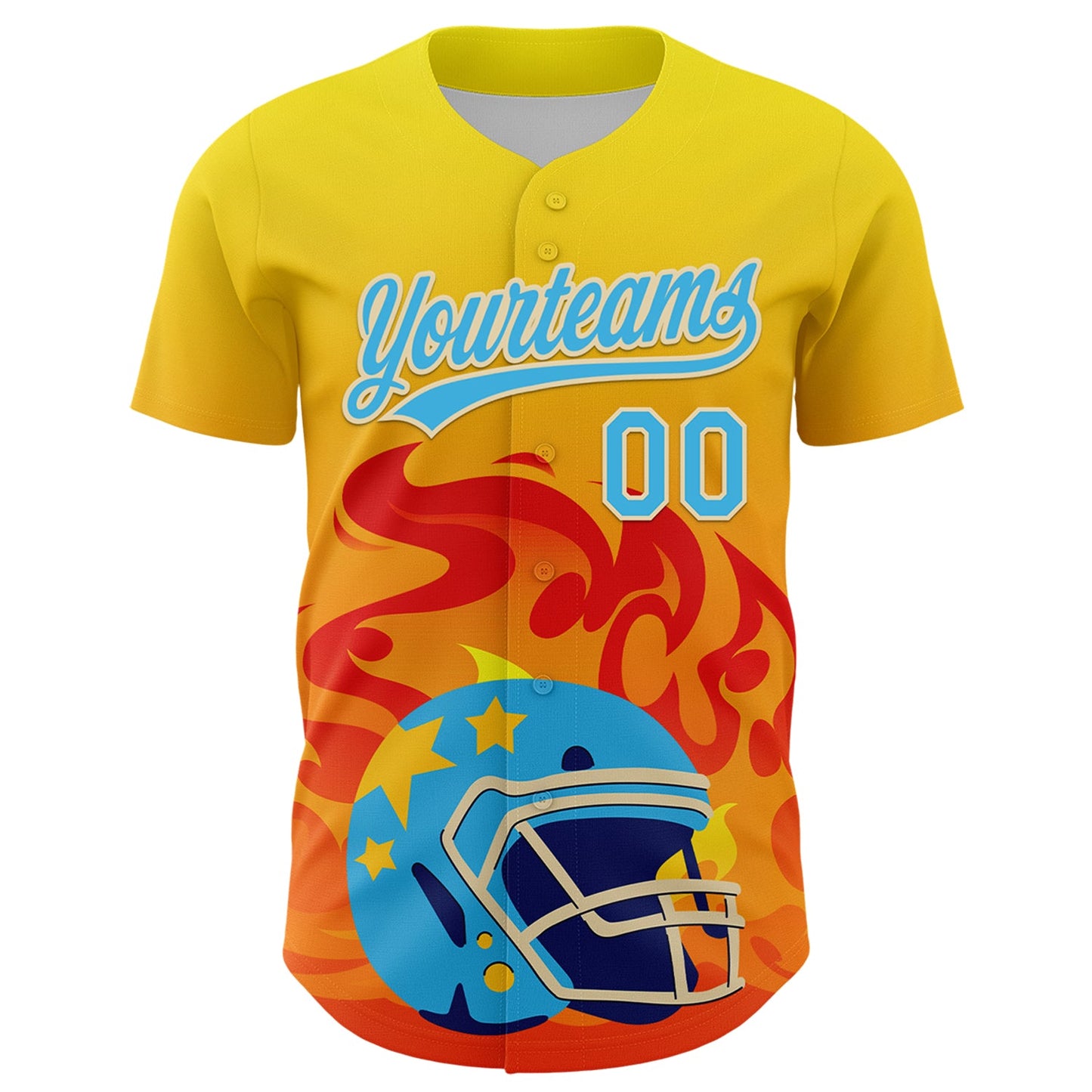 Custom Light Yellow Sky Blue Orange-Cream 3D Pattern Design Flame Football Helmet Authentic Baseball Jersey view 2