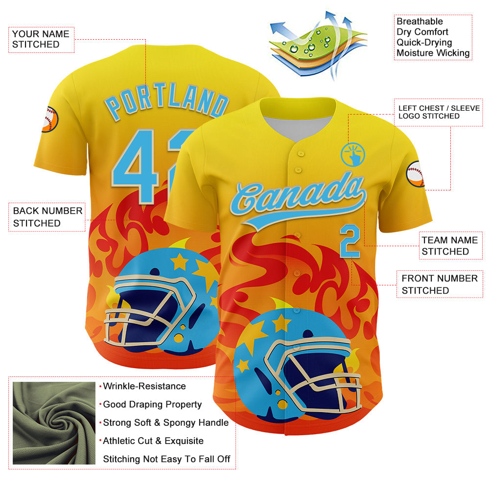 Custom Light Yellow Sky Blue Orange-Cream 3D Pattern Design Flame Football Helmet Authentic Baseball Jersey view 3