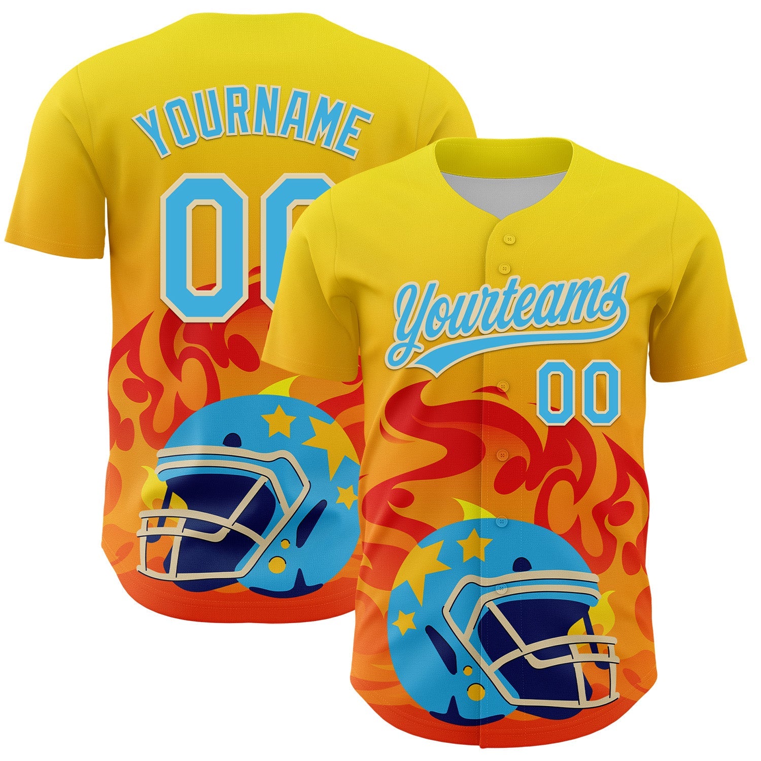 Custom Light Yellow Sky Blue Orange-Cream 3D Pattern Design Flame Football Helmet Authentic Baseball Jersey - Main View