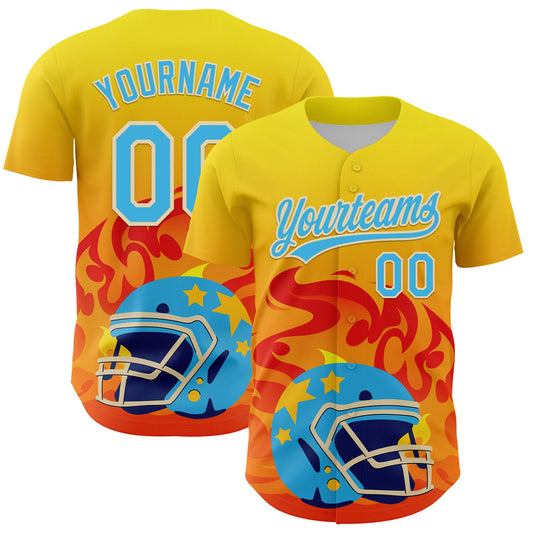Custom Light Yellow Sky Blue Orange-Cream 3D Pattern Design Flame Football Helmet Authentic Baseball Jersey - Main View