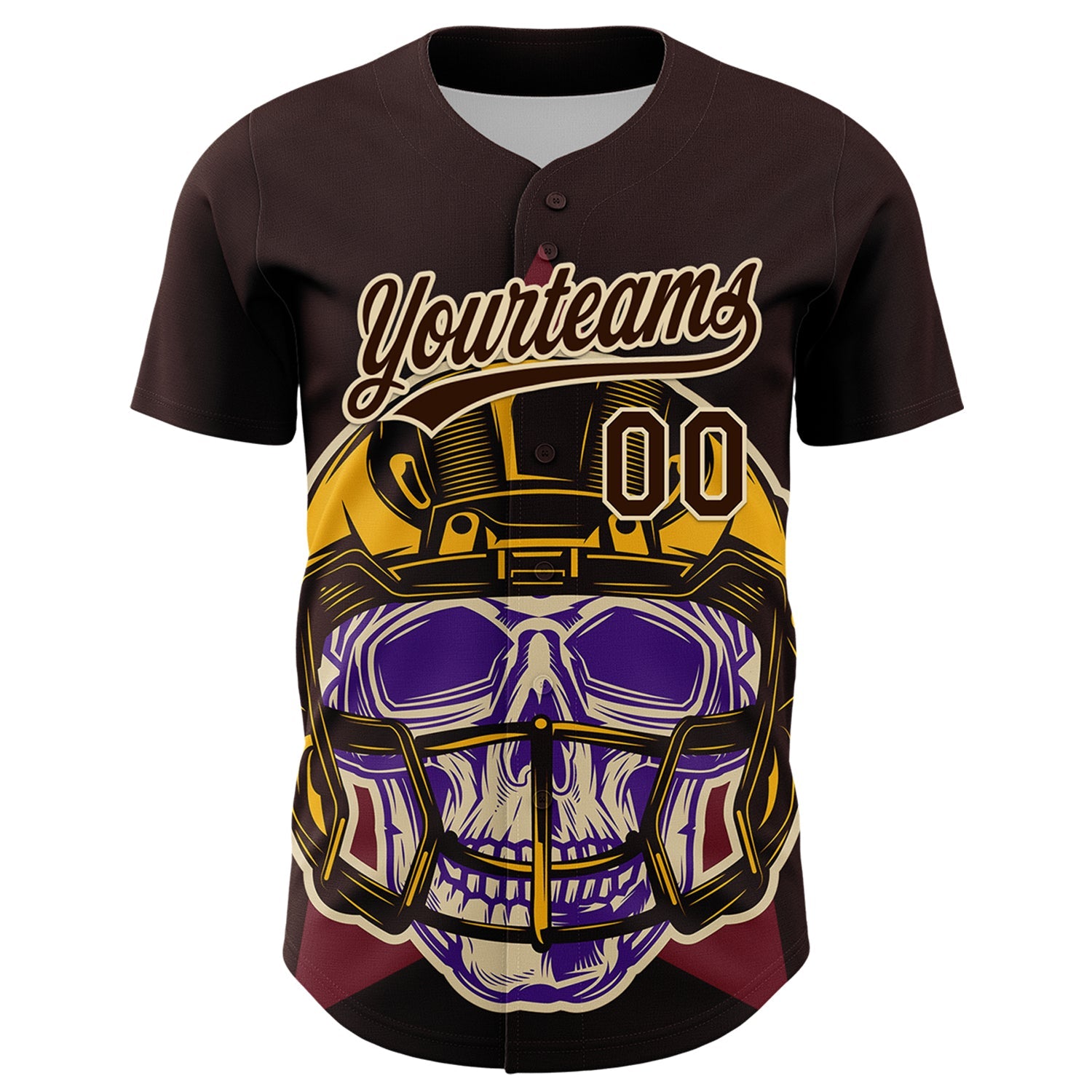 Custom Brown Cream 3D Pattern Design Football Skull Helmet Authentic Baseball Jersey view 2