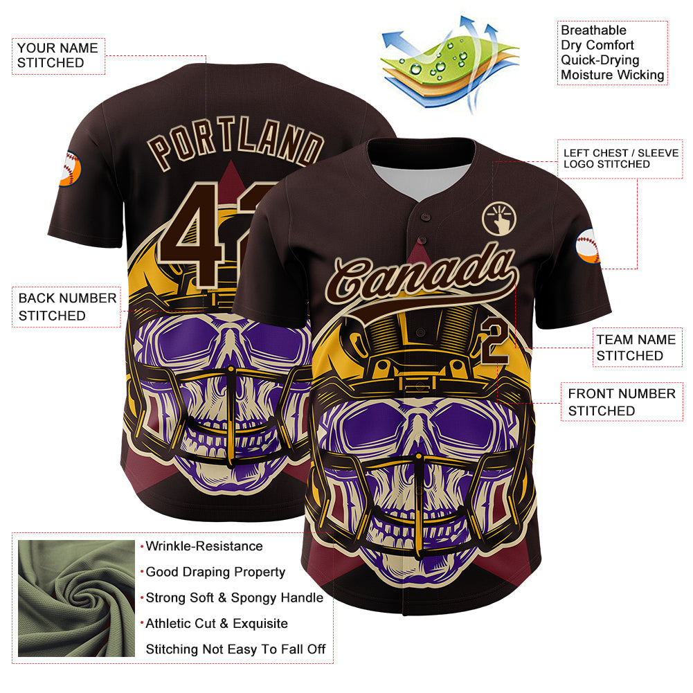 Custom Brown Cream 3D Pattern Design Football Skull Helmet Authentic Baseball Jersey view 3