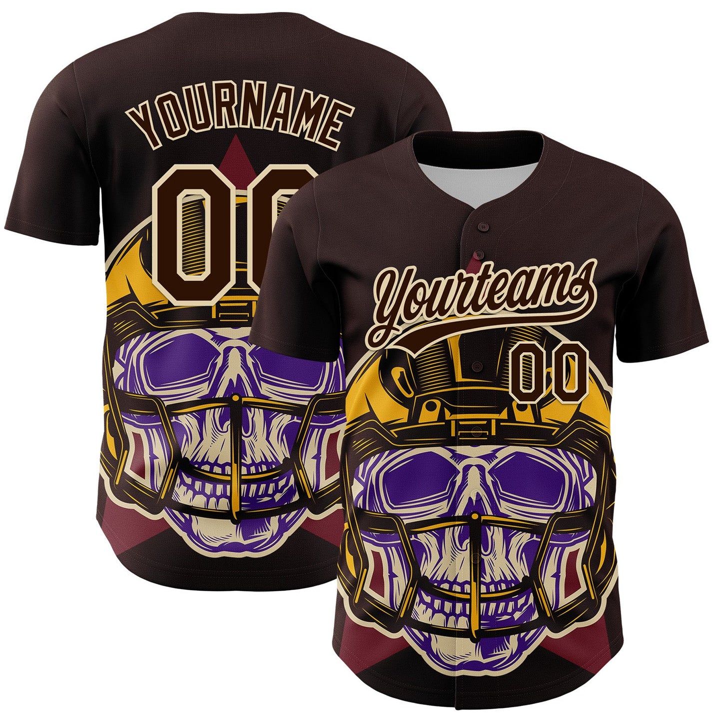 Custom Brown Cream 3D Pattern Design Football Skull Helmet Authentic Baseball Jersey - Main View