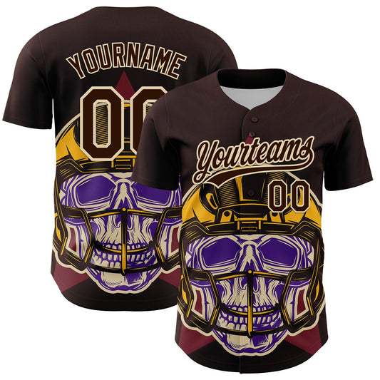 Custom Brown Cream 3D Pattern Design Football Skull Helmet Authentic Baseball Jersey - Main View