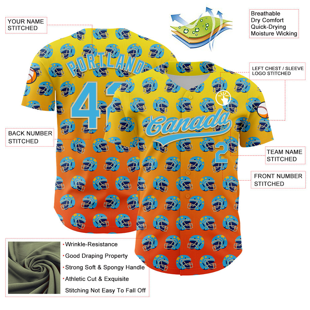 Custom Light Yellow Sky Blue Orange-Cream 3D Pattern Design Football Helmet Authentic Baseball Jersey view 3