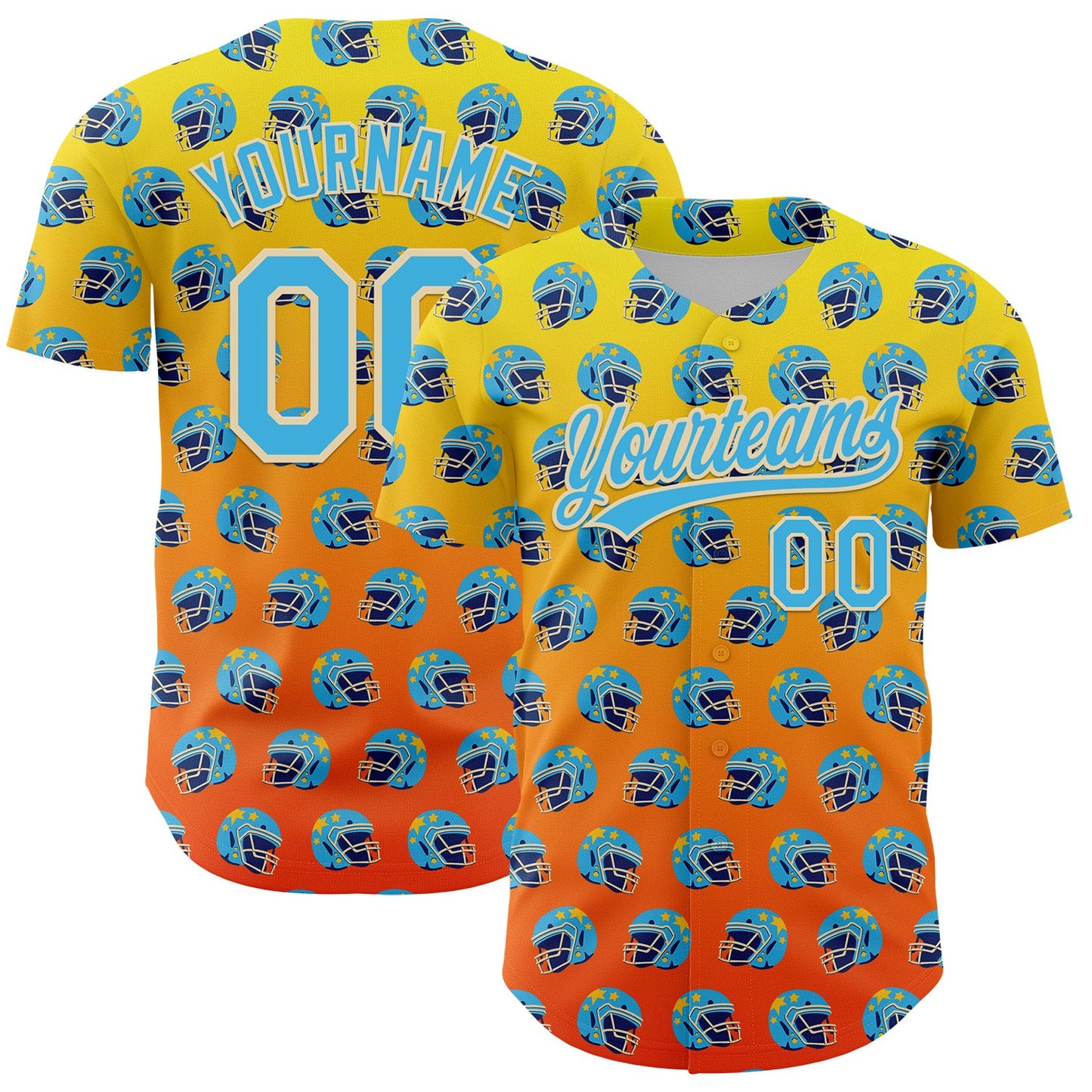Custom Light Yellow Sky Blue Orange-Cream 3D Pattern Design Football Helmet Authentic Baseball Jersey - Main View