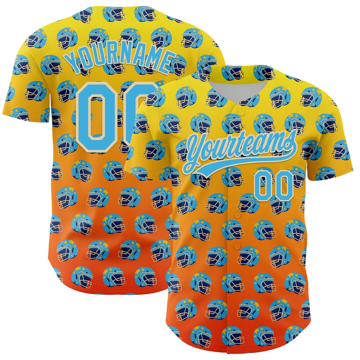 Custom Light Yellow Sky Blue Orange-Cream 3D Pattern Design Football Helmet Authentic Baseball Jersey - Main View