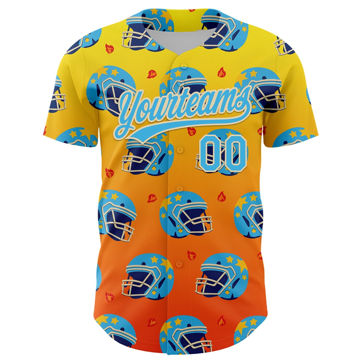 Custom Light Yellow Sky Blue Orange-Cream 3D Pattern Design Flame Football Helmet Authentic Baseball Jersey view 2