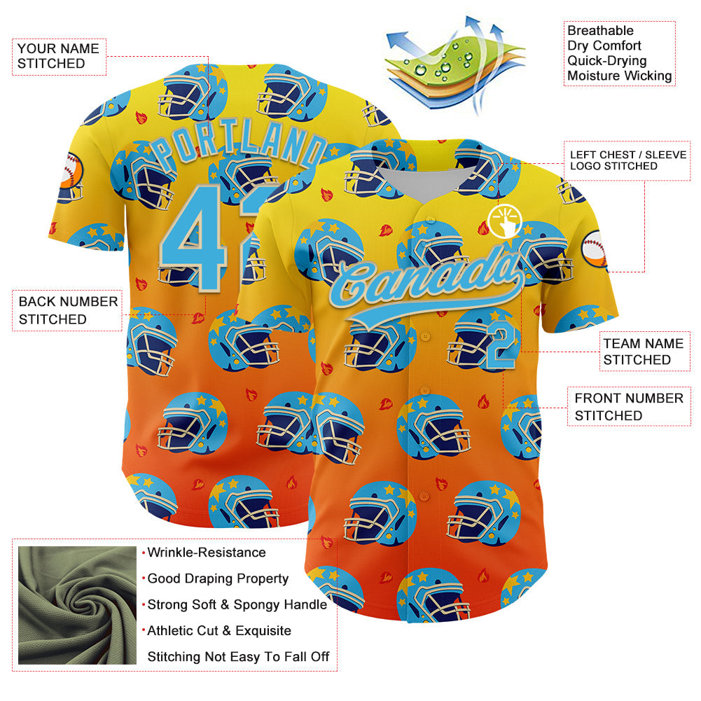 Custom Light Yellow Sky Blue Orange-Cream 3D Pattern Design Flame Football Helmet Authentic Baseball Jersey view 3
