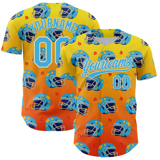 Custom Light Yellow Sky Blue Orange-Cream 3D Pattern Design Flame Football Helmet Authentic Baseball Jersey - Main View