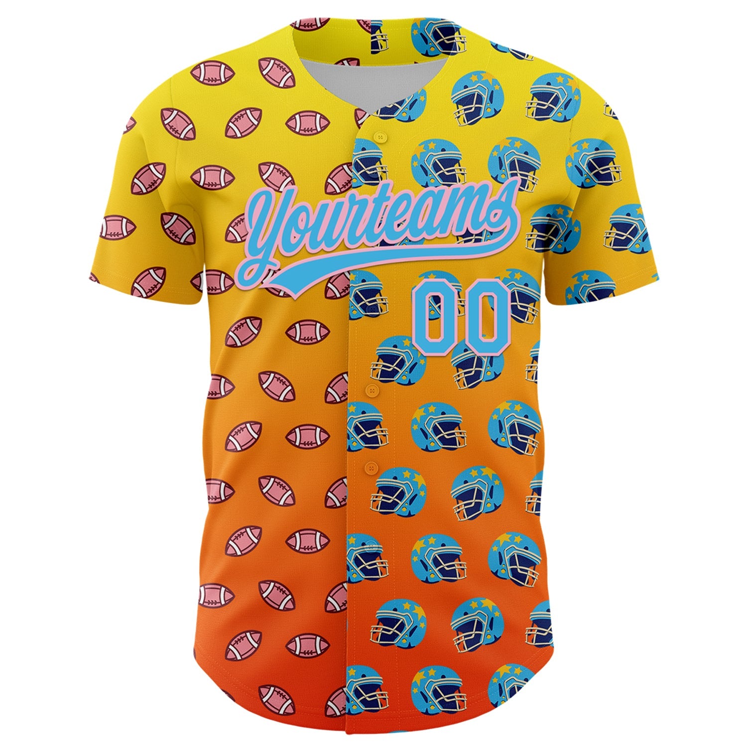 Custom Light Yellow Sky Blue Orange-Medium Pink 3D Pattern Design Football Helmet And Football Elements Authentic Baseball Jersey view 2