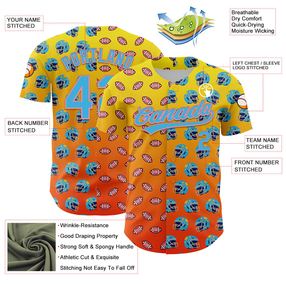 Custom Light Yellow Sky Blue Orange-Medium Pink 3D Pattern Design Football Helmet And Football Elements Authentic Baseball Jersey view 3