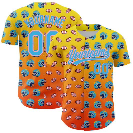 Custom Light Yellow Sky Blue Orange-Medium Pink 3D Pattern Design Football Helmet And Football Elements Authentic Baseball Jersey - Main View