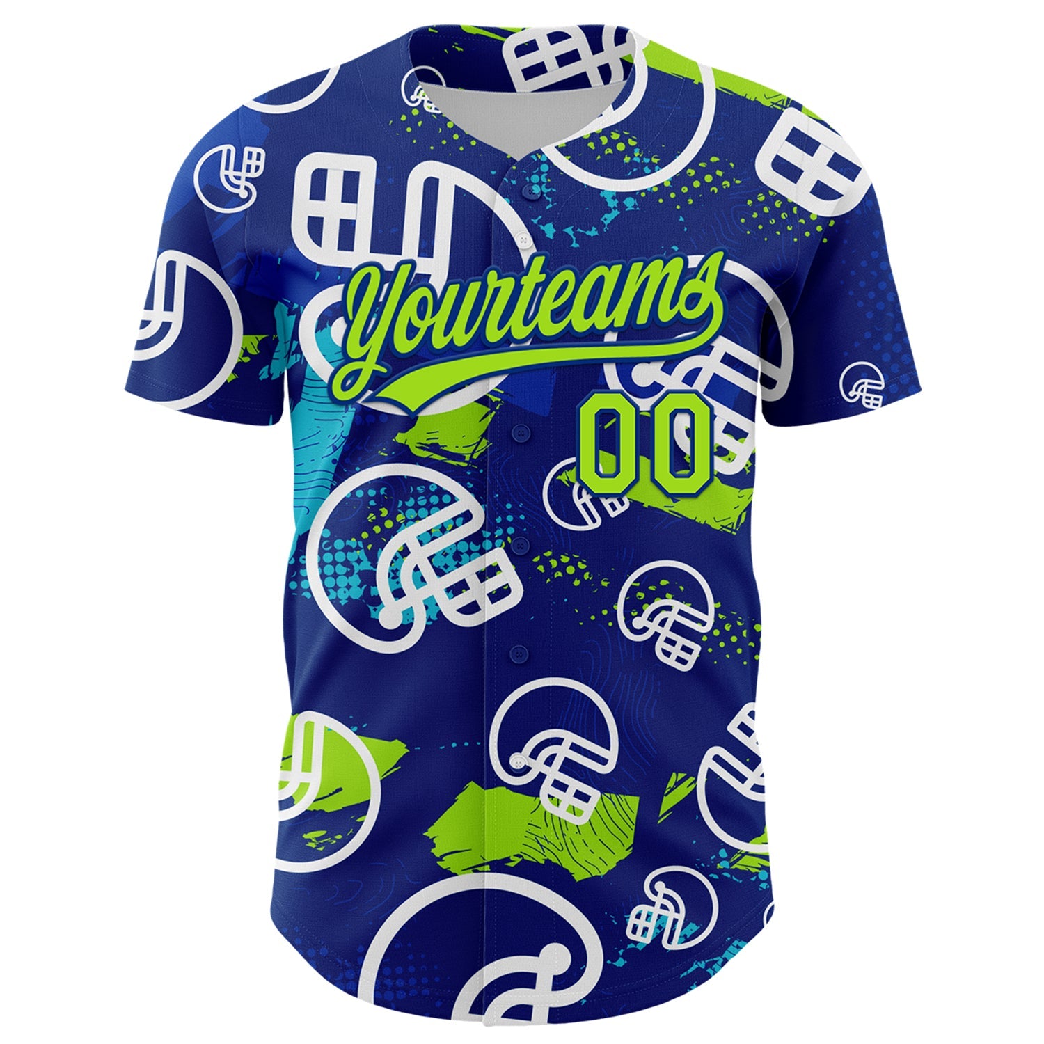 Custom Royal Neon Green-White 3D Pattern Design Football Helmet Authentic Baseball Jersey view 2
