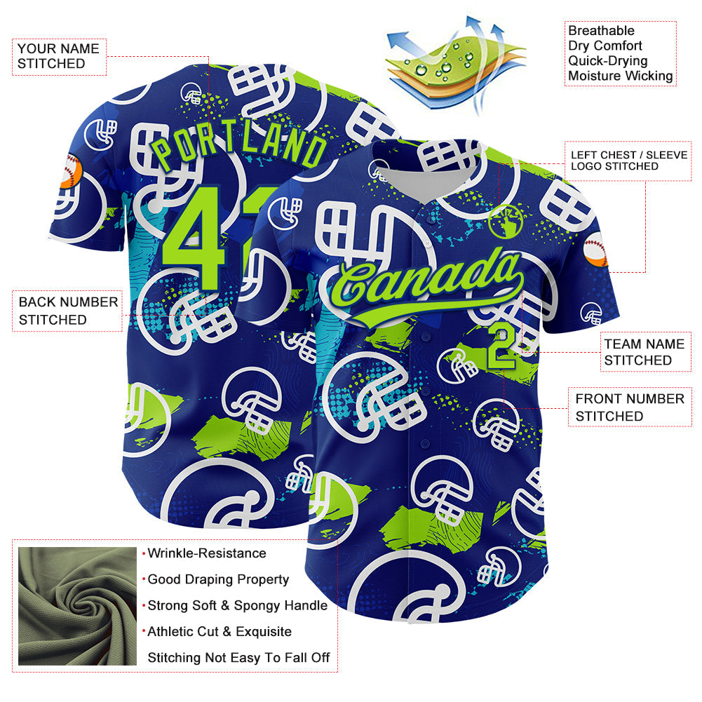Custom Royal Neon Green-White 3D Pattern Design Football Helmet Authentic Baseball Jersey view 3