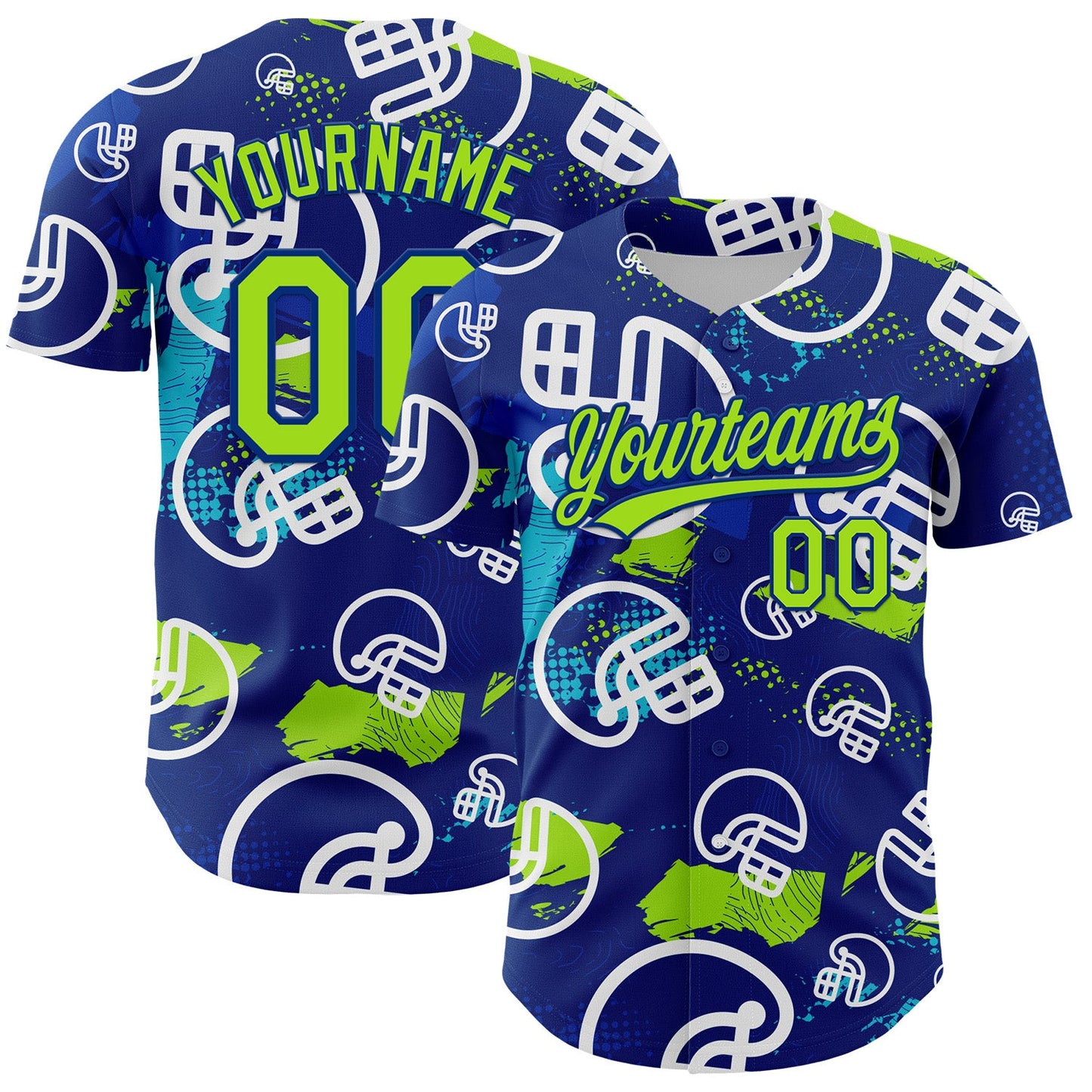 Custom Royal Neon Green-White 3D Pattern Design Football Helmet Authentic Baseball Jersey - Main View