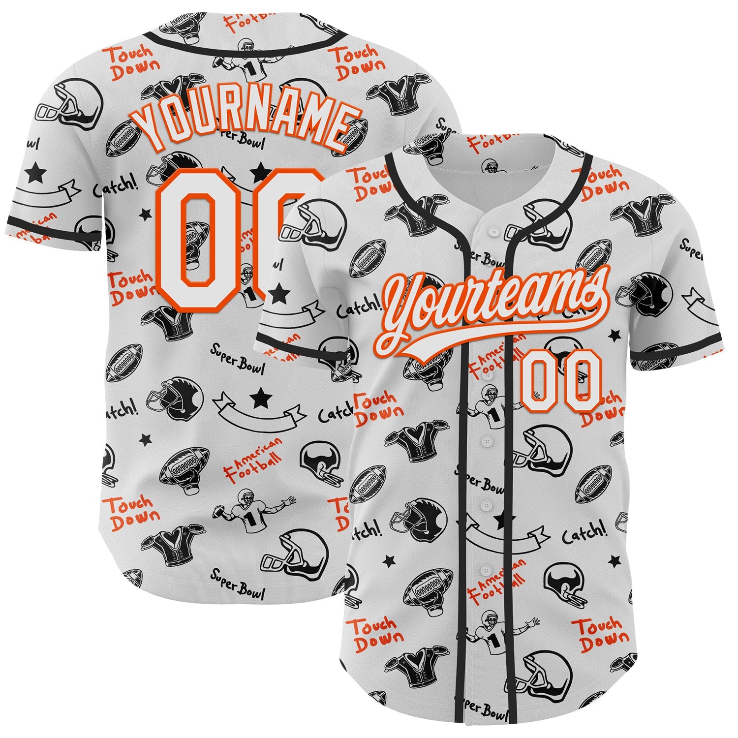 Custom White Orange 3D Pattern Design Football Helmet And Football Elements Authentic Baseball Jersey - Main View