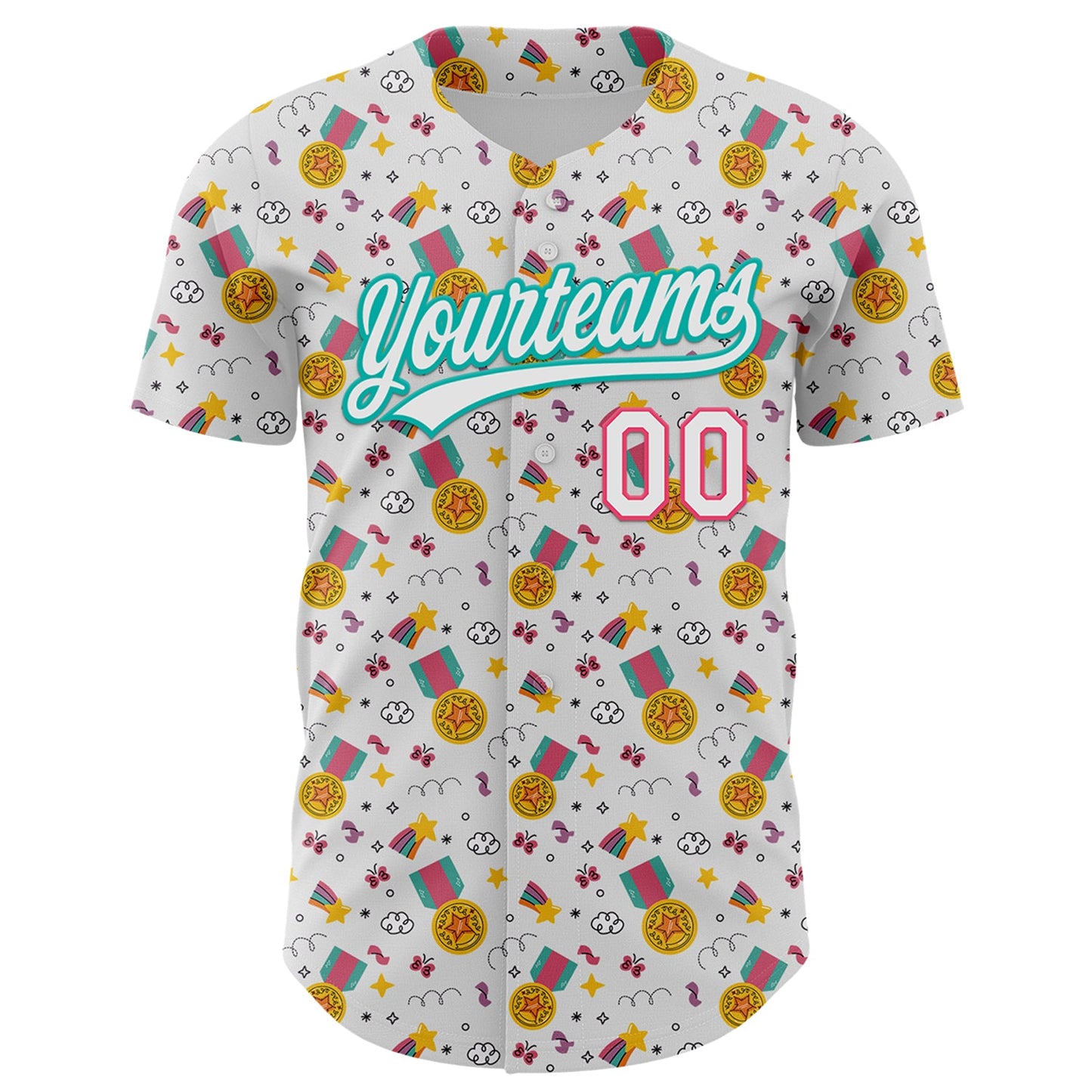 Custom White Neon Pink-Aqua 3D Pattern Design Champion Medal Authentic Baseball Jersey view 2