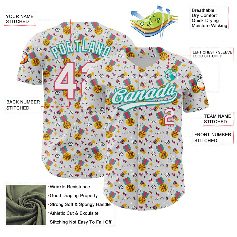 Custom White Neon Pink-Aqua 3D Pattern Design Champion Medal Authentic Baseball Jersey view 3