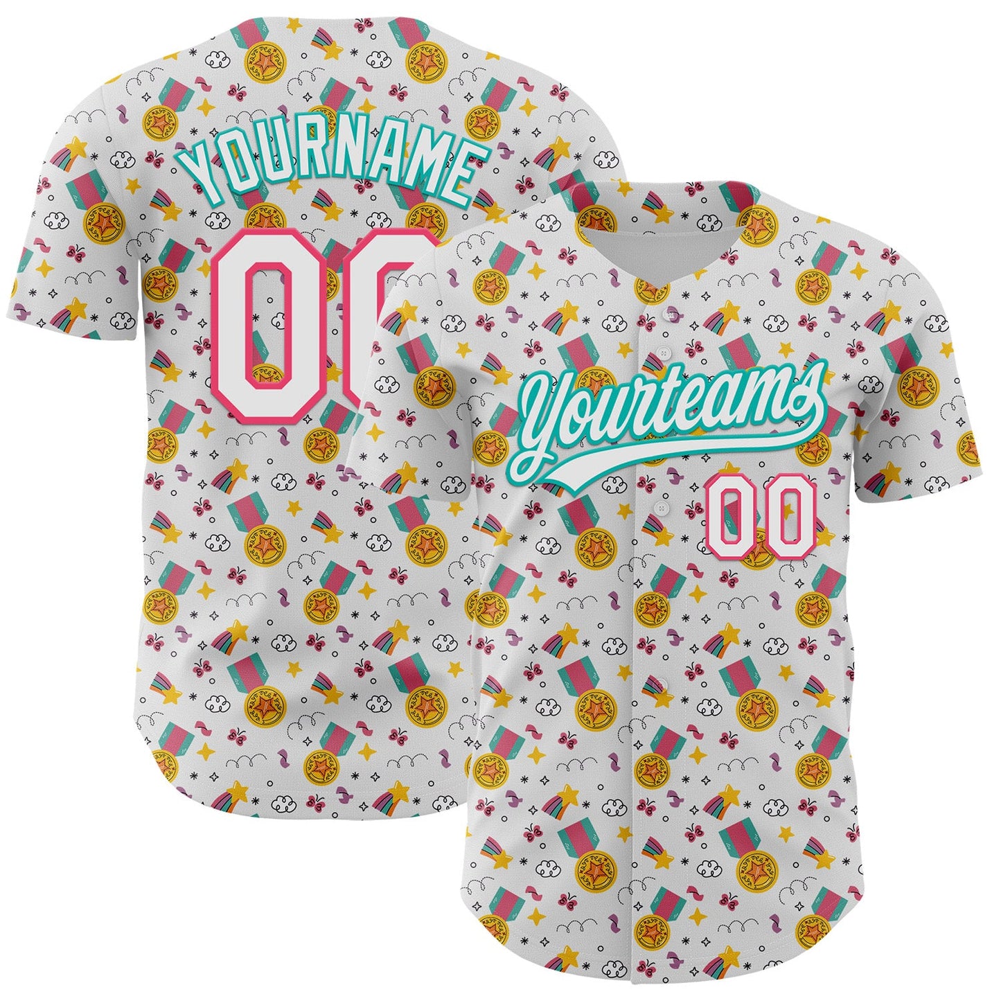 Custom White Neon Pink-Aqua 3D Pattern Design Champion Medal Authentic Baseball Jersey - Main View