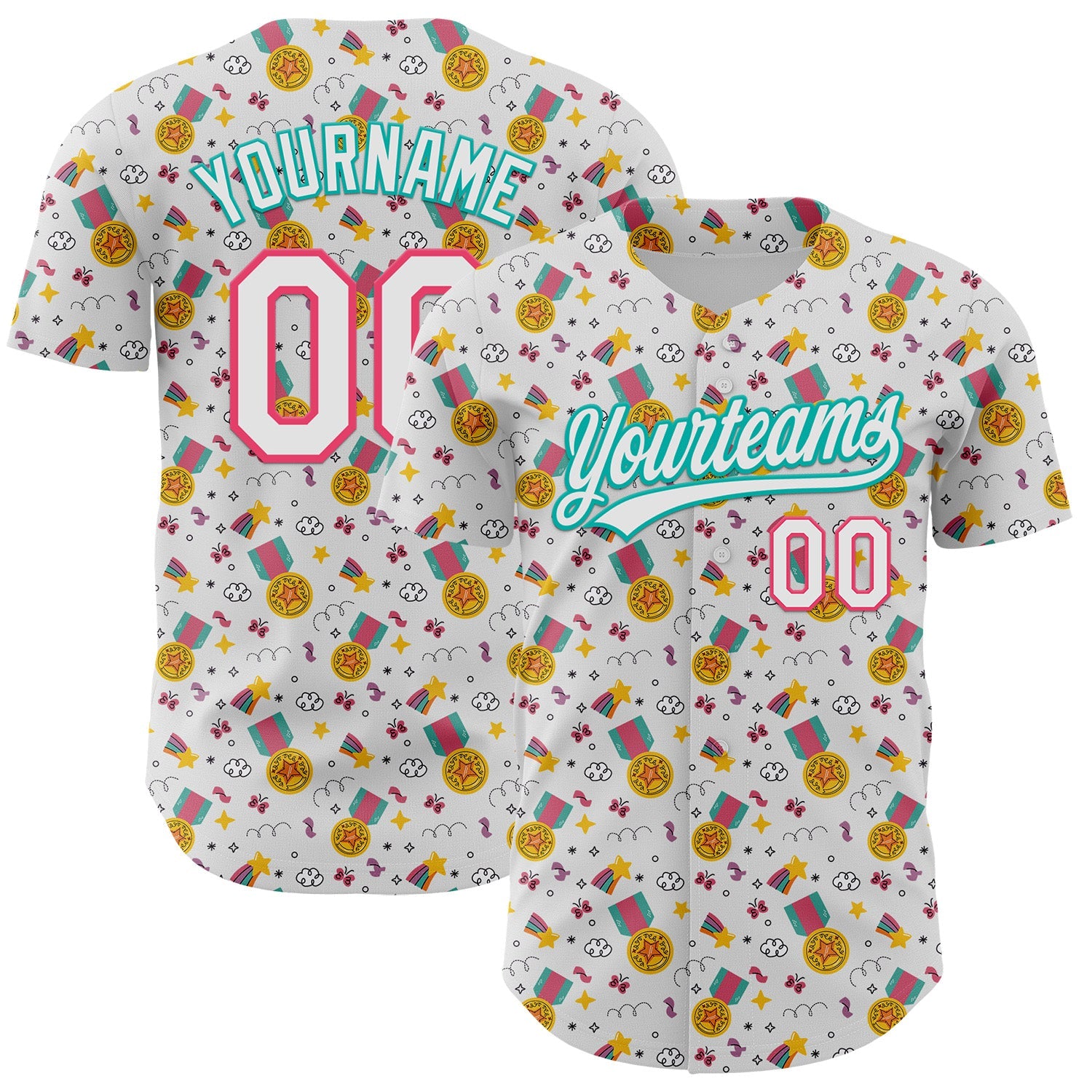 Custom White Neon Pink-Aqua 3D Pattern Design Champion Medal Authentic Baseball Jersey - Main View