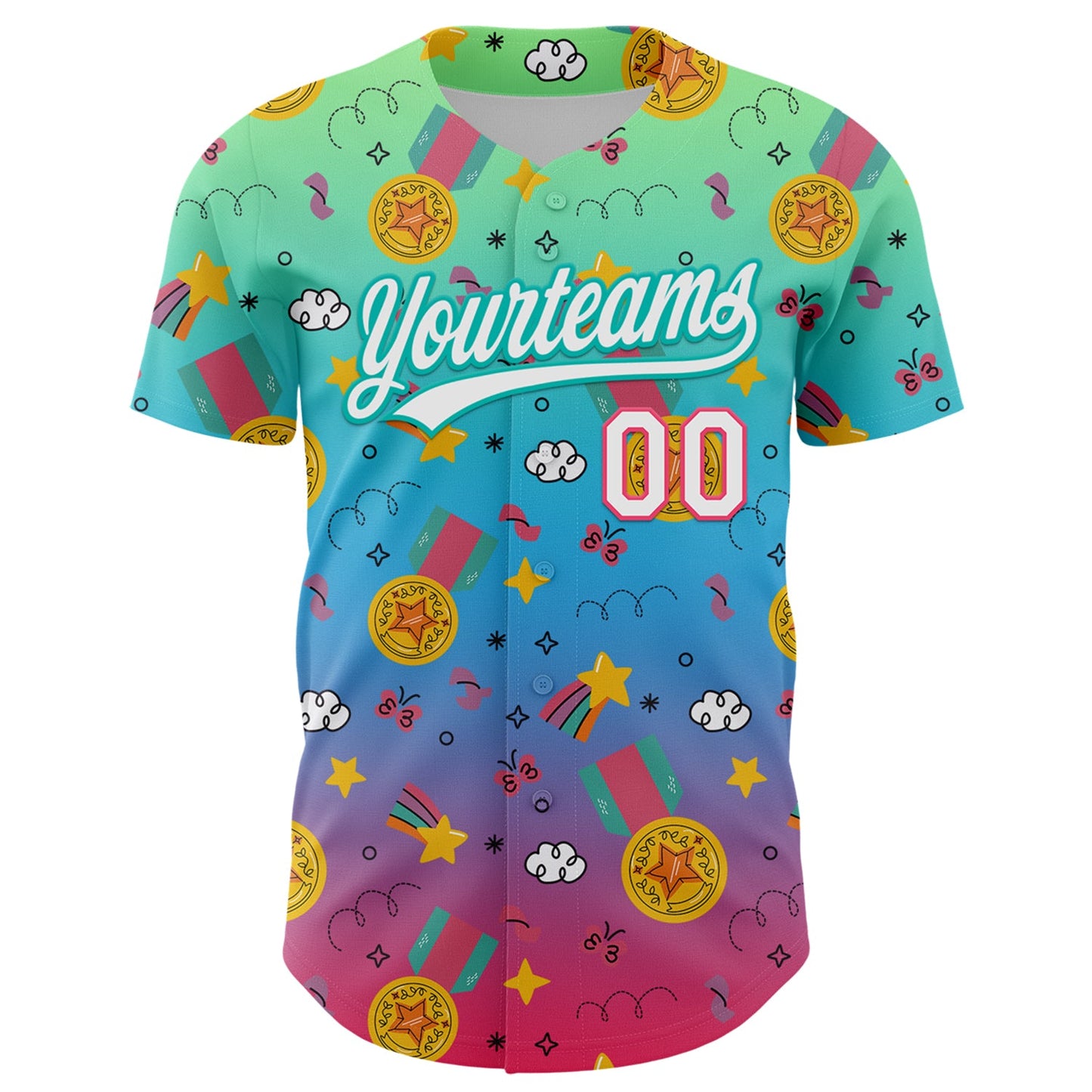 Custom Pea Green Neon Pink Aqua-Sky Blue 3D Pattern Design Champion Medal Authentic Baseball Jersey view 2