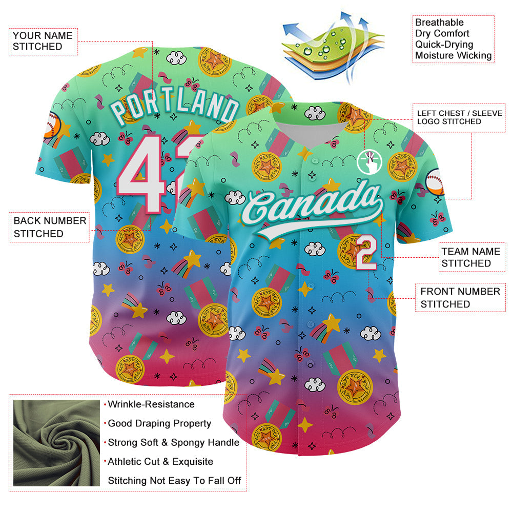 Custom Pea Green Neon Pink Aqua-Sky Blue 3D Pattern Design Champion Medal Authentic Baseball Jersey view 3