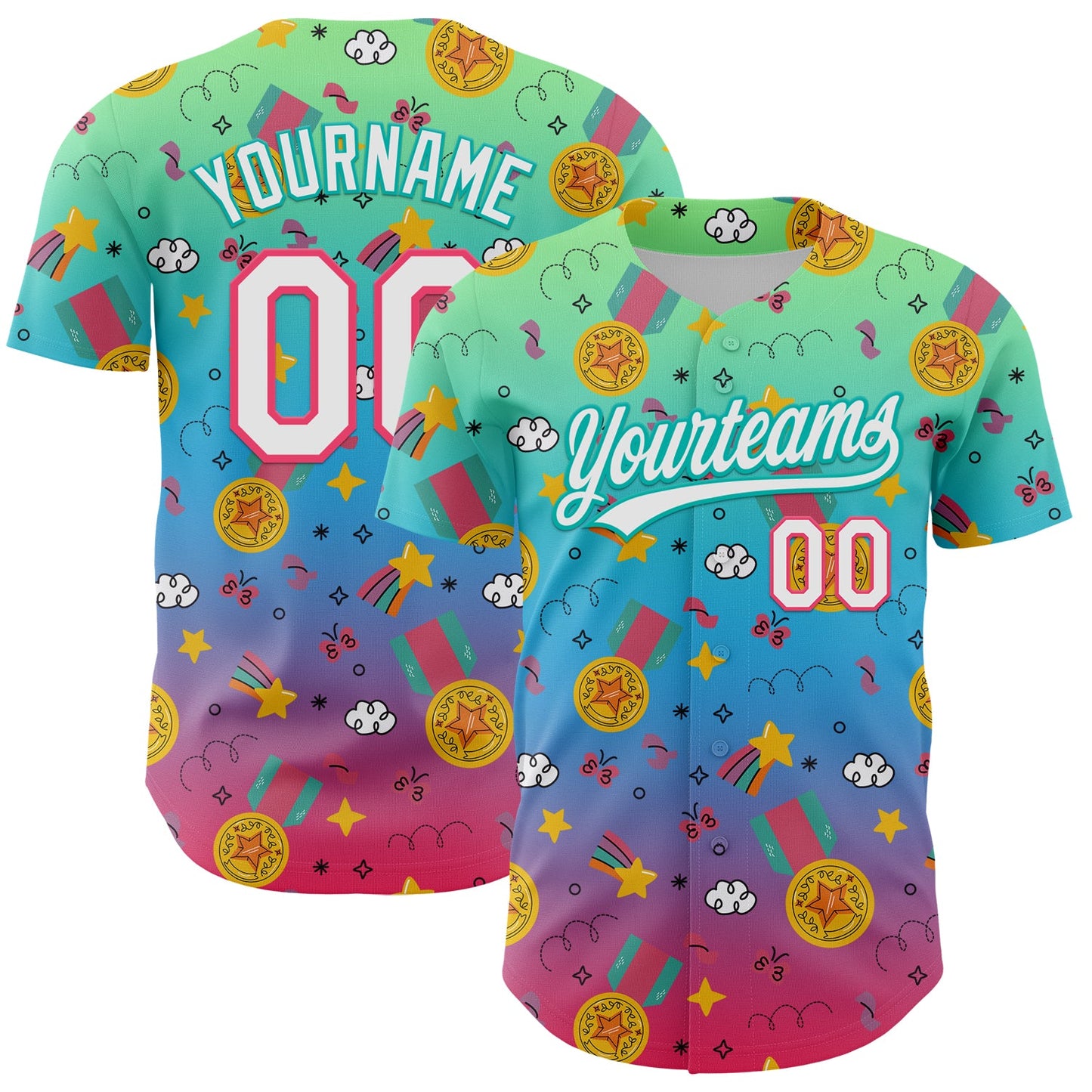 Custom Pea Green Neon Pink Aqua-Sky Blue 3D Pattern Design Champion Medal Authentic Baseball Jersey - Main View